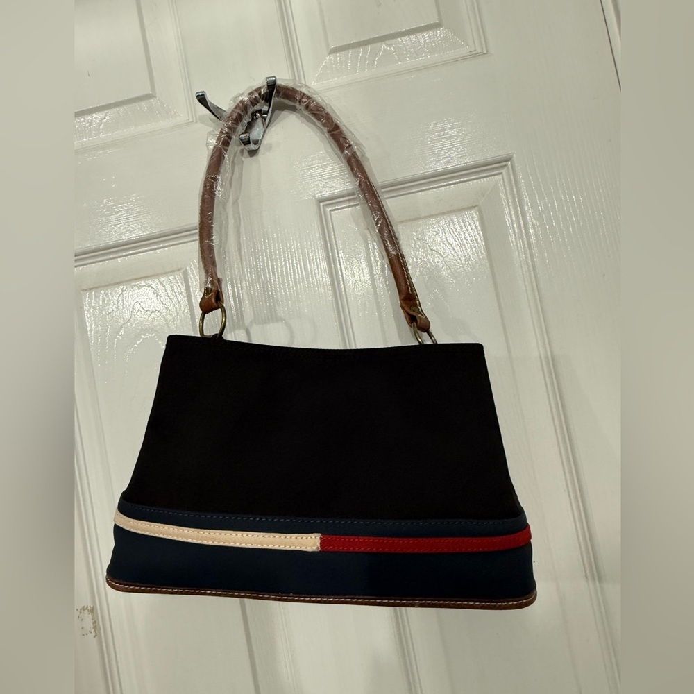 Vintage Tommy Hilfiger black canvas shoulder bag & brown leather strap
